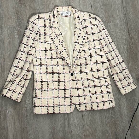 Vtg 90s Plaid Windowpane Blazer Academia Classic Ivory Navy blue Red 12 L - Picture 7 of 15